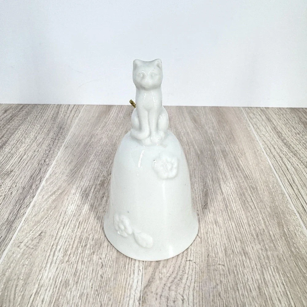 Vintage White Ceramic Cat Bell Figurine Hand Bell Floral Design 4in